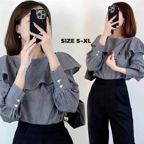 Mimi&didi#เสื้อเชิ้ตลายทางสำหรับผู้หญิง ขอบระบาย ทันสมัย อเนกประสงค์ ระบายอากาศได้ดี ใส่สบาย เสื้อผ้าผู้หญิง#99106