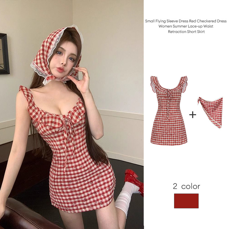 ชุดเดรสแขนสั้นลายตารางสีแดงสำหรับผู้หญิงช่วงฤดูร้อน กระโปรงสั้นผูกเชือกเอว-MTY
