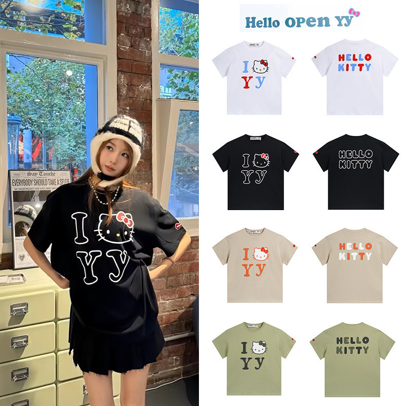 พร้อมส่ง🎁 Open YY x Hello Kitty เสื้อยืดแขนสั้น I❤️YY ทรงหลวม สีหลายสี ชายหญิง