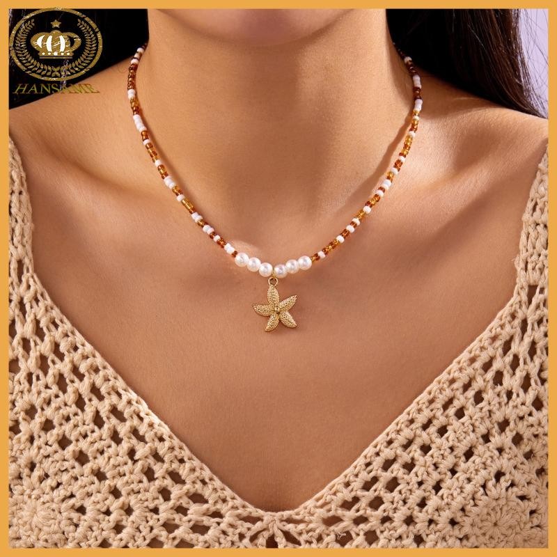 Bohemian Starfish Pendant Necklace Pearls Millets Beads Beach Jewelry Accessory