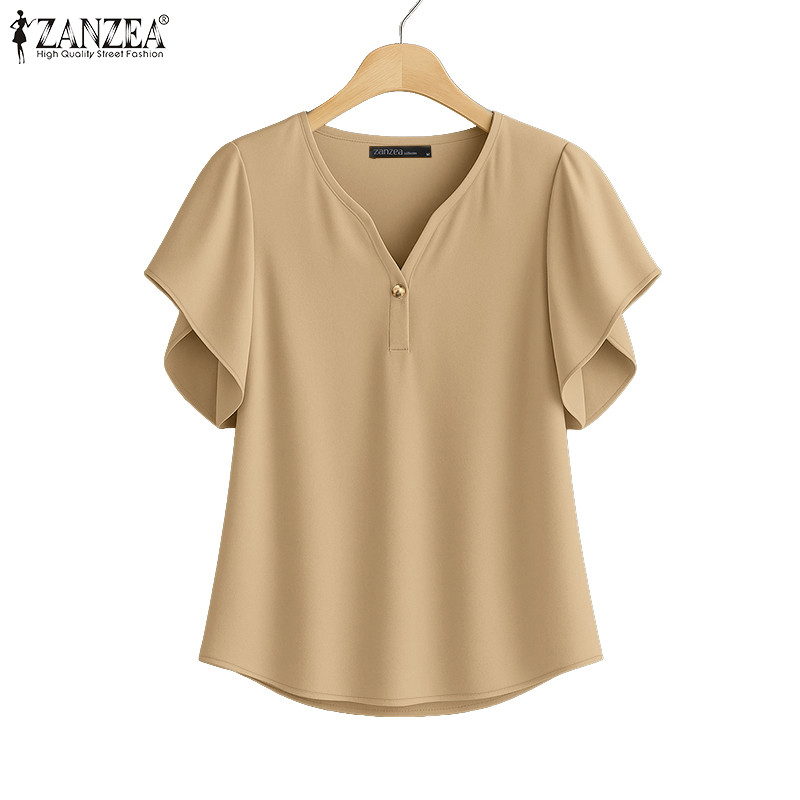 ZANZEA เสื้อแฟชั่นเกาหลีสำหรับผู้หญิง เสื้อคอวี แขนระบายมีปุ่มโลหะ สไตล์เรียบหรู