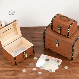 {maybest} 1 ชุด Vintage Treasure กล่องเก็บไม้หีบสมบัติพร้อมล็อค Piggy Bank Organizer กล่องประหยัดสําหรับตกแต่งบ้าน {TH}