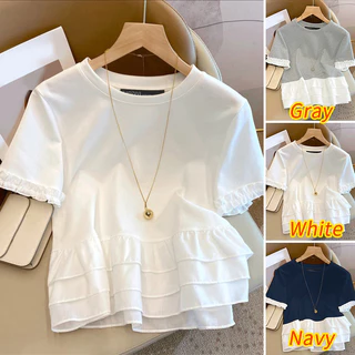 ZANZEA สไตล์เกาหลียอดนิยม เสื้อลูกเรือแขนสั้น ขอบกระพุ้งแขนและซ้ายContrast เสริมลุคเก๋ไก๋