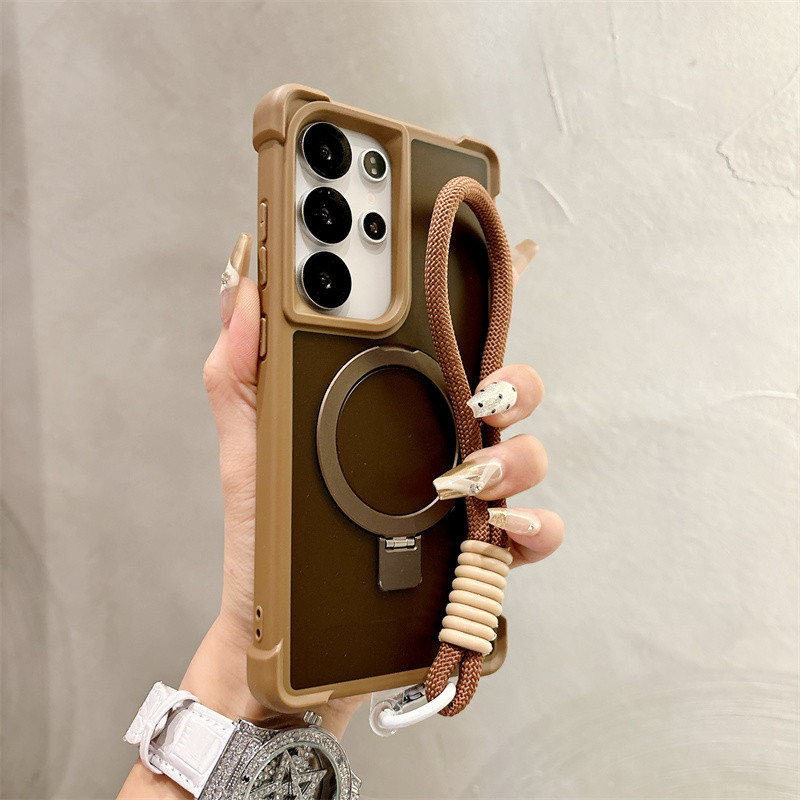 พร้อมเชือกเส้นเล็กขาตั้งโลหะ Desert Gold เคสโทรศัพท์แม่เหล็กกันกระแทกสําหรับ Samsung Galaxy S24 S25 S23 Ultra Plus S24 + S25 + สี่มุม Anti Drop ปลอก Matte Hard PC ฝาหลัง