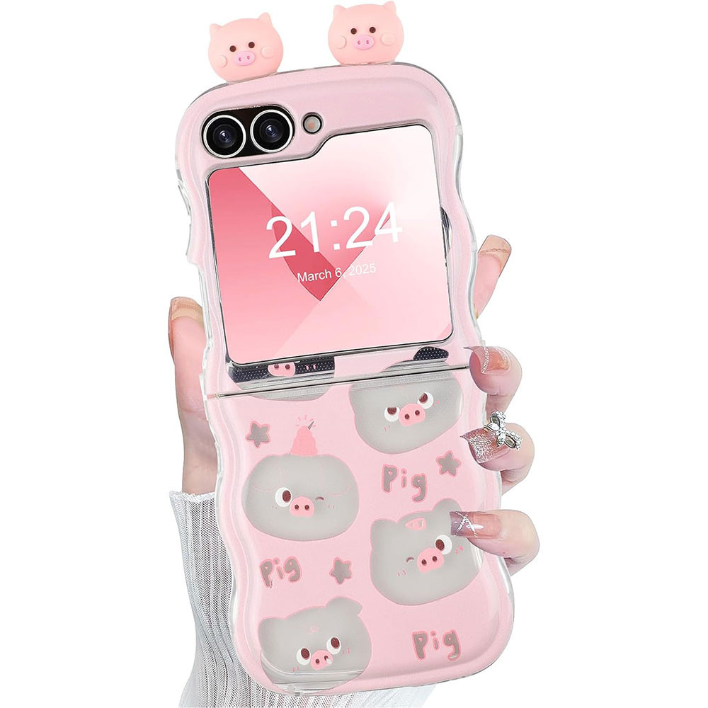 Galaxy Z Flip 7 Case,Z Flip 7 FE Case สําหรับผู้หญิงสาวสีชมพูน่ารักหมูขอบคลื่นซิลิโคนกันกระแทกป้องกั