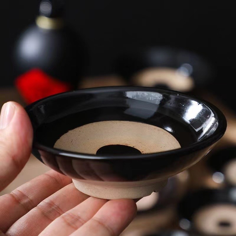 Antique Ceramic Wine Bowl Ancient Traditional Wine Set Coarse Porcelain Old Style Black Wine Bowl Unique Water Pattern Coarse Porcelain Bowl