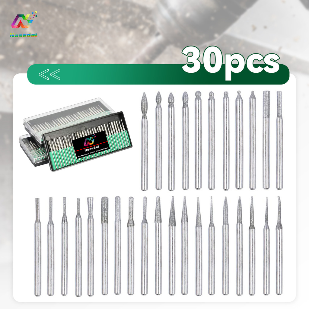 Nasedal 30 ชิ้น/กล่อง Shank Diamond Burs ชุดเครื่องเจียรไฟฟ้าอุปกรณ์เสริม 2.35 มม.3 มม.มินิเพชรเจาะ Bits ชุดสําหรับแกะสลักขัดเจาะเครื่องมือโรตารี่