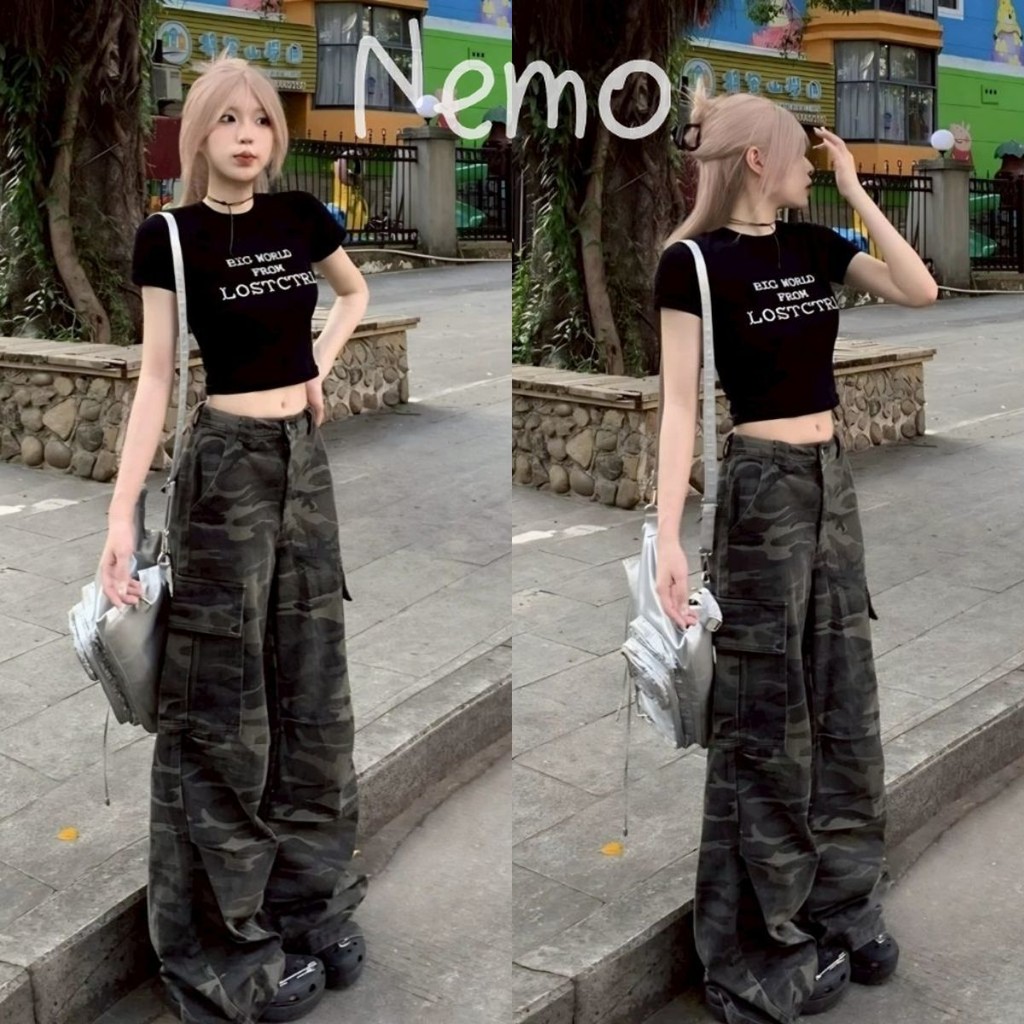Nemo store🌸#NZ90126 กางเกงคาโก้ลายทหาร ขายาว ทรงกระบอก เท่มีสไตล์