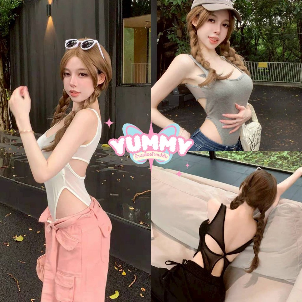 🎀Yummy Shop🎀พร้อมส่ง (FY940) ชุดบอดี้สูท ดีเทลซีทรูเว้าหลัง น่ารักๆ ยืดพิดีสีพาสเทล