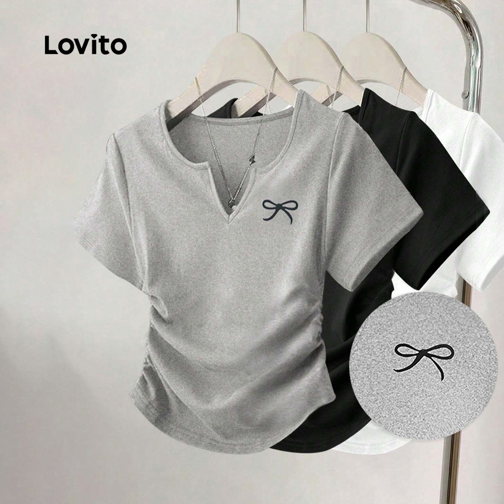 Lovito เสื้อยืดแขนสั้นแบบเรียบง่ายสำหรับผู้หญิง ลายโบว์และระบาย ปะฤดูใบไม้ผลิ/ฤดูร้อน สีเทา L142ED103