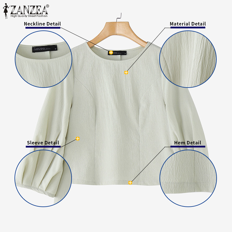 ZANZEA เบลาส์สำหรับผู้หญิง สไตล์เกาหลี แขน3/4 คอกลม สีพื้น — صورة 7