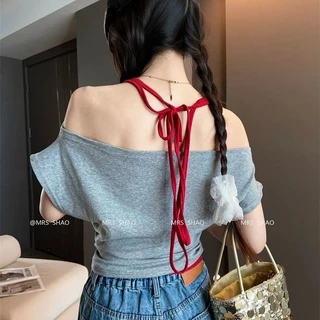 Veewink พร้อมส่งจากกทม เสื้อแขนสั้นสองชั้น ลายตัวหนังสือ ทรงเอวลอยสไตล์อเมริกัน ใส่กระชับตัว สำหรับสาวมั่นใจ