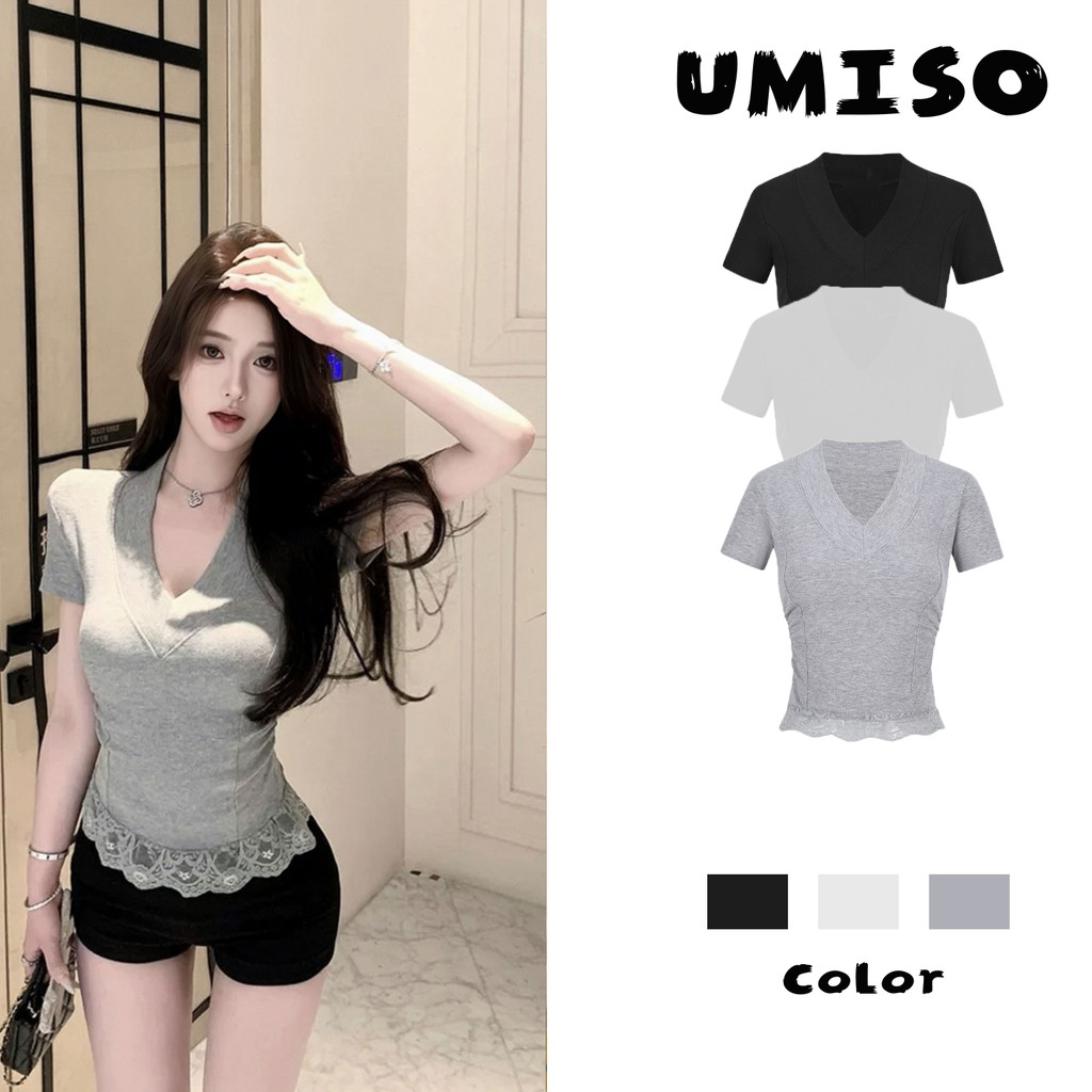 พร้อมส่ง  สไตล์ใหม่ ทรงสลิมฟิต  เสื้อท็อปสตรีลูกไม้เซ็กซี่  เสื้อยืดแขนสั้นคอวีหญิงสาวร้อน UMISO