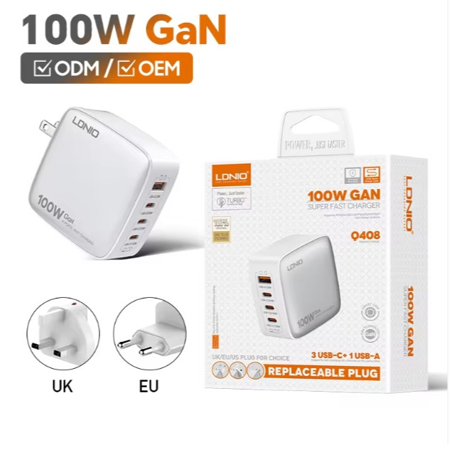 LDNIO Q408 100W Super Fast Charger ที่ชาร์จเร็วเปลี่ยนหัวปลั๊ก มาพร้อมช่องไทป์ซี3 USB1 เร็วชาร์จได้ค