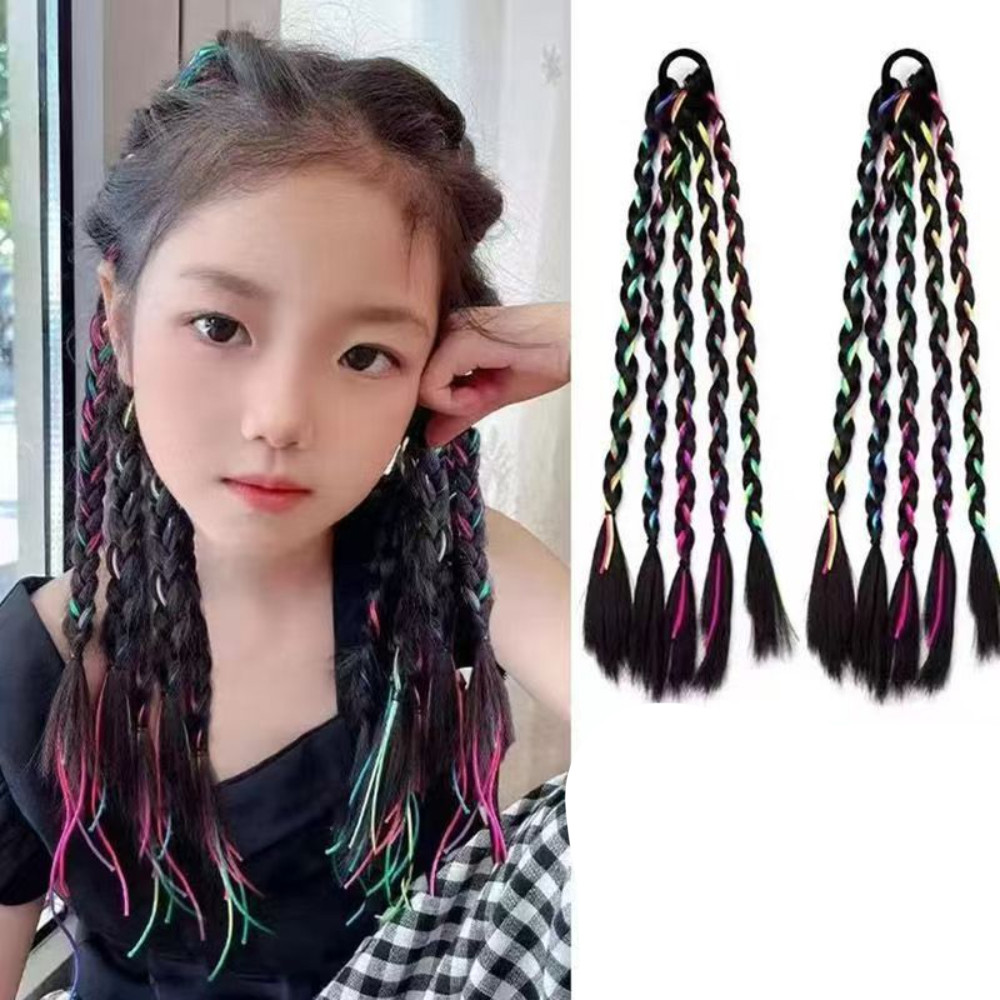 ถักเปียคลิปออนสำหรับเด็ก ออกแบบเหมือนทรงผมนักมวยเจ้าหญิง สามารถถอดได้ง่าย มาพร้อมสายสีรุ้ง เหมาะสำหรับการแสดงและสไตล์ฮิปฮอป