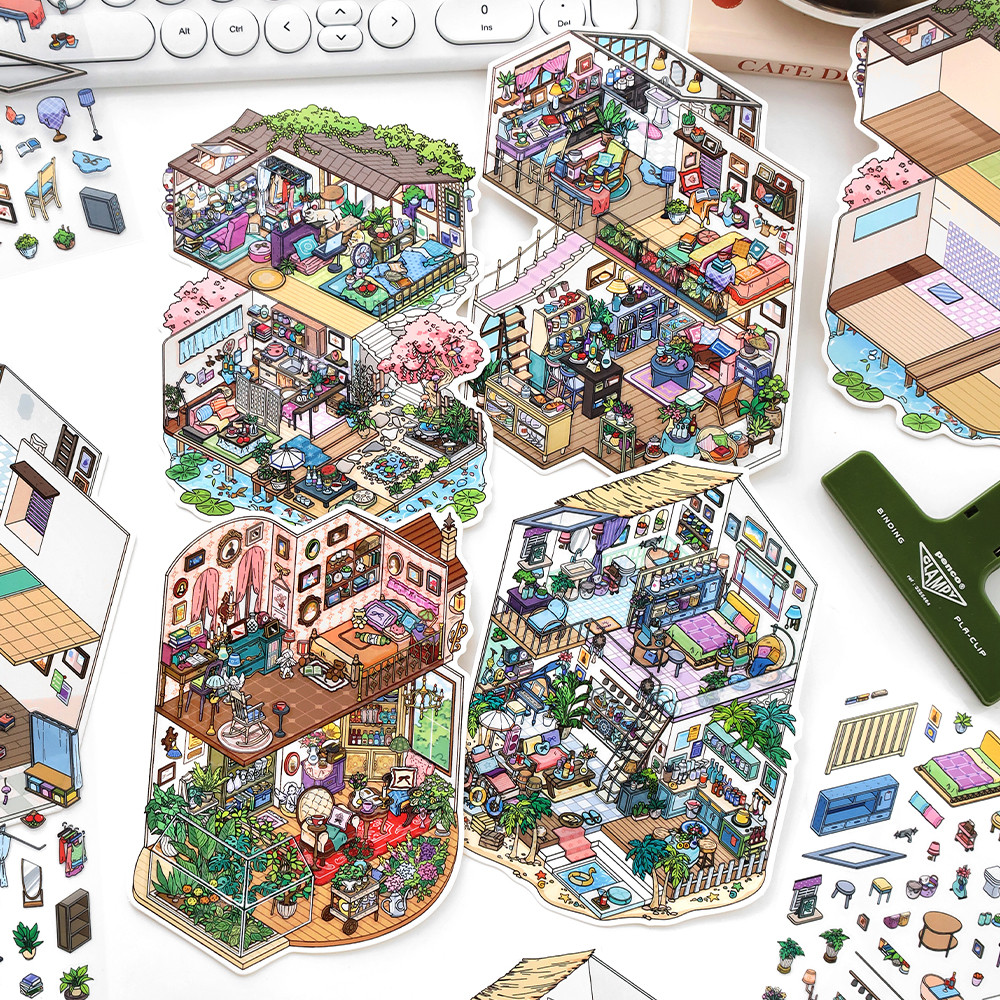 KOWEI 3 ชิ้น [บ้านตัวน้อยของฉัน 11.0 Series] 3D ภูมิทัศน์สติกเกอร์กันน้ําวัสดุการ์ตูนสไตล์ Scrapbooking Journaling Planner ตกแต่งเครื่องเขียนสติกเกอร์