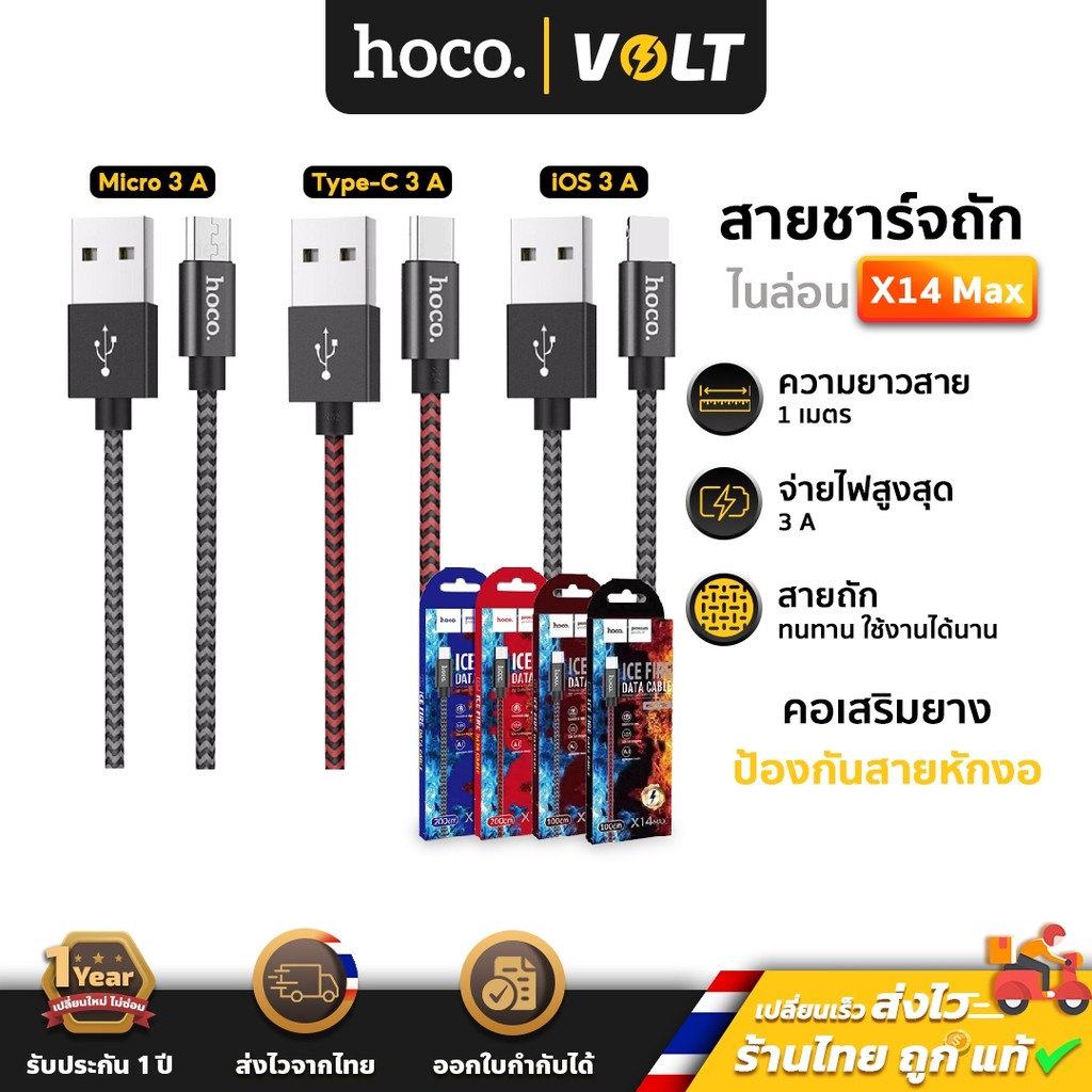 Hoco X14 max ยาว1เมตร และ 2เมตร สายชาร์จ สำหรับ iOS / Micro USB / Type C สายถักไนล่อน จ่ายไฟได้สูงสุด 3A hc1
