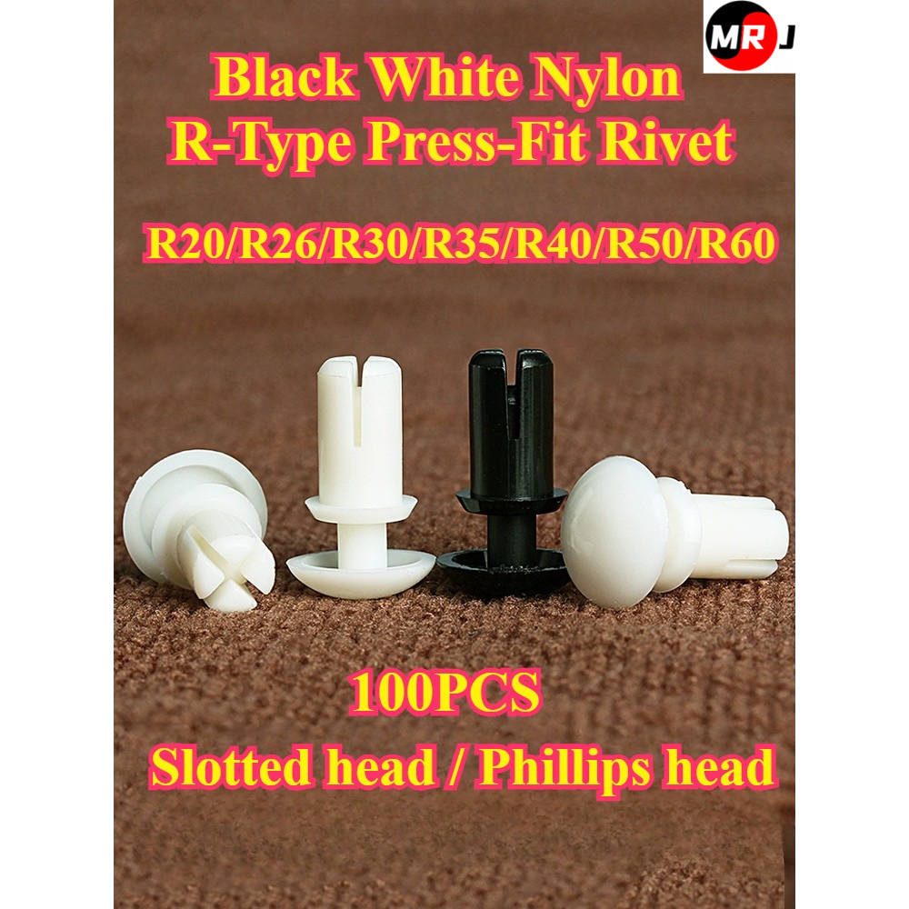 [MRJ-MD] 100PCS สีดําสีขาวไนลอน, R-Type Press-Fit Rivet, R20/R26/R30/R35/R40/R50/R60, PC ฉนวนพลาสติก