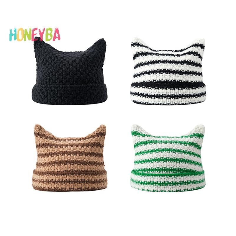 <Honeyba> หูแมวน่ารักหมวกโครเชต์สําหรับผู้หญิงสาวถัก Y2K ลายฤดูหนาว Warm หลวม Fit Handmade HipHop สไตล์ Skullies หมวก Nice