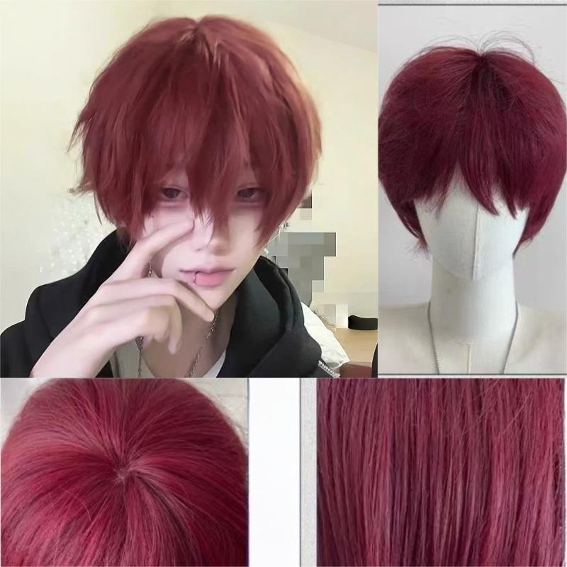 ไวน์สีแดงผู้ชายวิกผมสังเคราะห์คอสเพลย์พรรคพรหมวิกผมสั้นผมผู้ชายหมวกรีทัชวิกผมธรรมชาติทนความร้อนธรรมชาติคอสเพลย์วิกผมสําหรับผู้หญิงผู้ชายฮาโลวีนพรรคสว