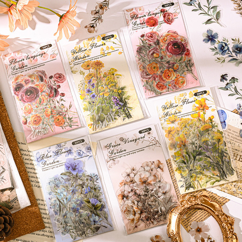 30 ชิ้นดอกไม้ที่สวยงามภาษา Garden Series สติกเกอร์ PET Journal Deco DIY สติกเกอร์