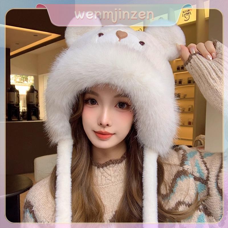 [IN] หมวกตุ๊กตาหมีการ์ตูนฤดูหนาวสำหรับผู้หญิง หมวกป้องกันหูน่ารักและอบอุ่น