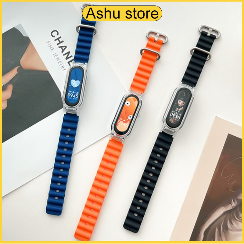 สายนาฬิกาแบบทูอินวัน + กรอบสำหรับ Xiaomi Mi Band 7/8/9/10 /3/4/5/6, สายนาฬิกาซิลิโคน