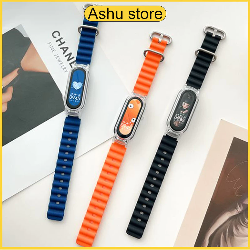สายนาฬิกาแบบทูอินวัน + กรอบสำหรับ Xiaomi Mi Band 7/8/9/10 /3/4/5/6, สายนาฬิกาซิลิโคน