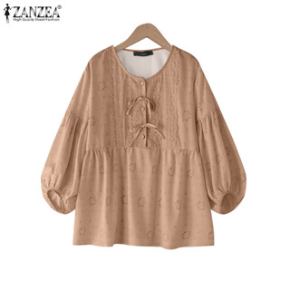 ซานเซีย เสื้อลายปักผ้าลูกไม้สำหรับผู้หญิง แขนยาวคอกลม ผูกเสื…