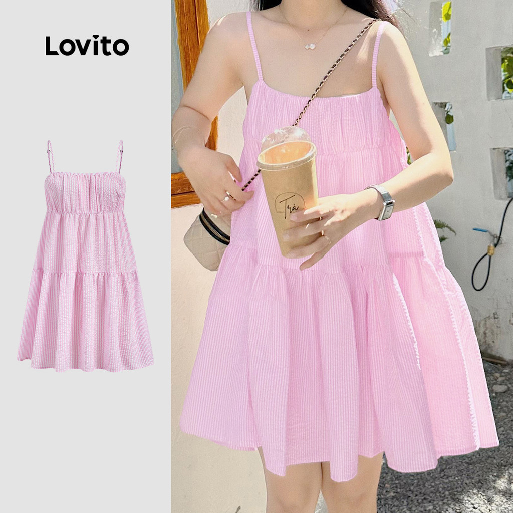 (แคชชวล) Lovito ชุดเดรสผ้าพันสำหรับฤดูใบไม้ผลิ/ฤดูร้อน สีชมพู สำหรับผู้หญิง L151AD048