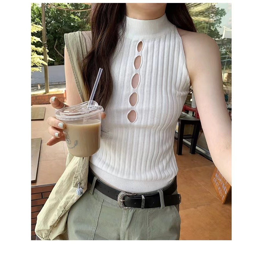 เสื้อกั๊กสีดำผู้หญิง คอทรง I ลายถัก Halter Neck เทรนดี้สำหรับคอนเสิร์ตฤดูร้อน Joy 6NDA
