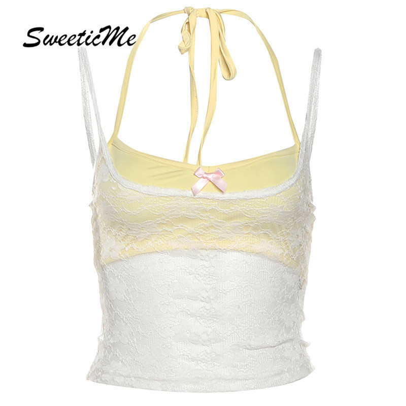 Sweeticme ผู้หญิง 2024 ใหม่แฟชั่นเซ็กซี่ตาข่าย Halter Slim Fit All Match เสื้อกล้าม Camisole