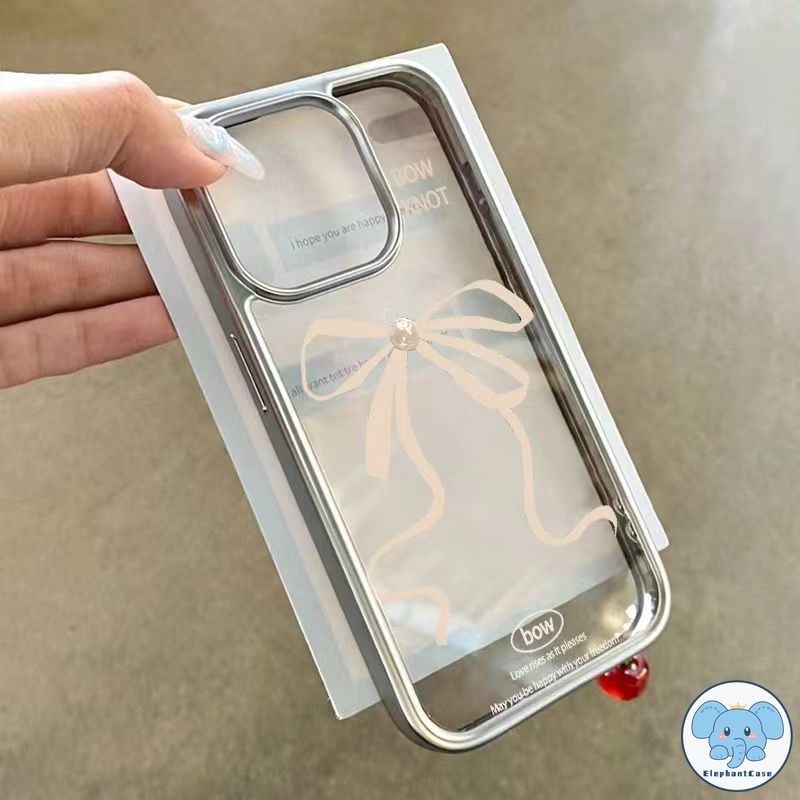 ตัวเรือนชุบไฟฟ้าโบว์โรแมนติกโปร่งใสเข้ากันได้กับ IPhone 11 15 13 14 12 Pro Max XR 7Plus X XS MAX 15 7 8 14 Plus SE 2020