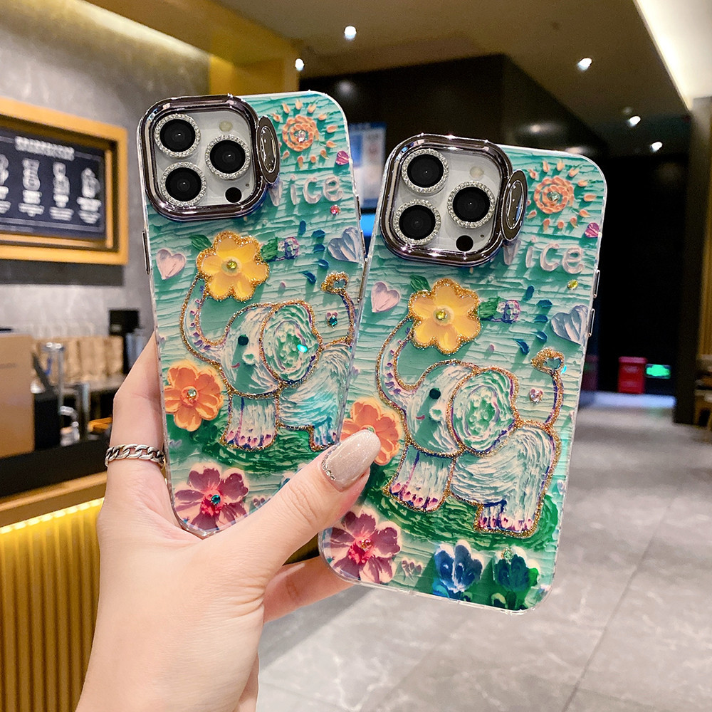 สําหรับ iphone 14 plus 15 Pro 14 13 12 11 Pro Max ภาพวาดสีน้ํามันดอกไม้การ์ตูนช้างเคสโทรศัพท์ DIY เลนส์ป้องกันสนับสนุนฟังก์ชั่นซิลิโคนอ่อนนุ่ม Anti Drop TPU ฝาครอบ