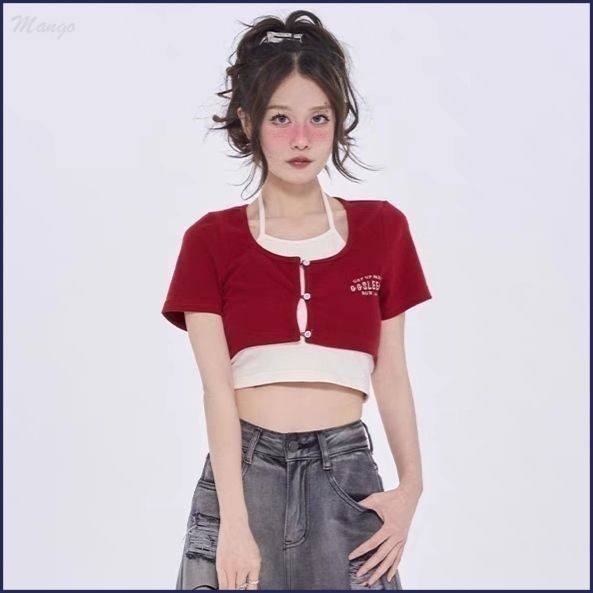 เสื้อยืด Dopamine American Retro ผู้หญิงสีจับคู่ปลอมสองชิ้นสลิงแขนสั้นด้านบน
