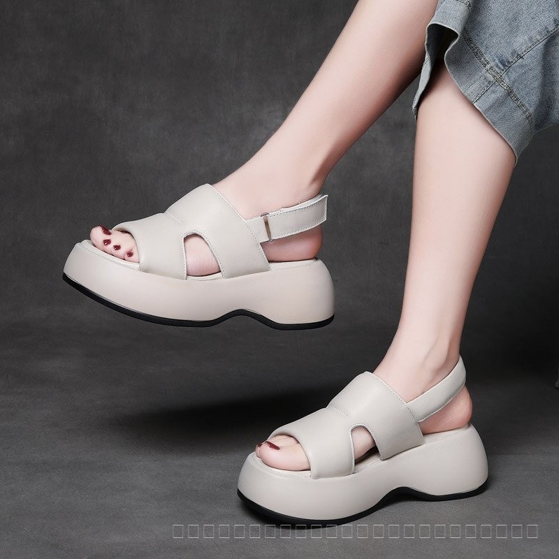 รองเท้าแตะ Shuji Wedge Heel Wedge Heel Velcro Sandals Top Layer Cowhide รองเท้าส้นสูงหนังแท้รองเท้าแ