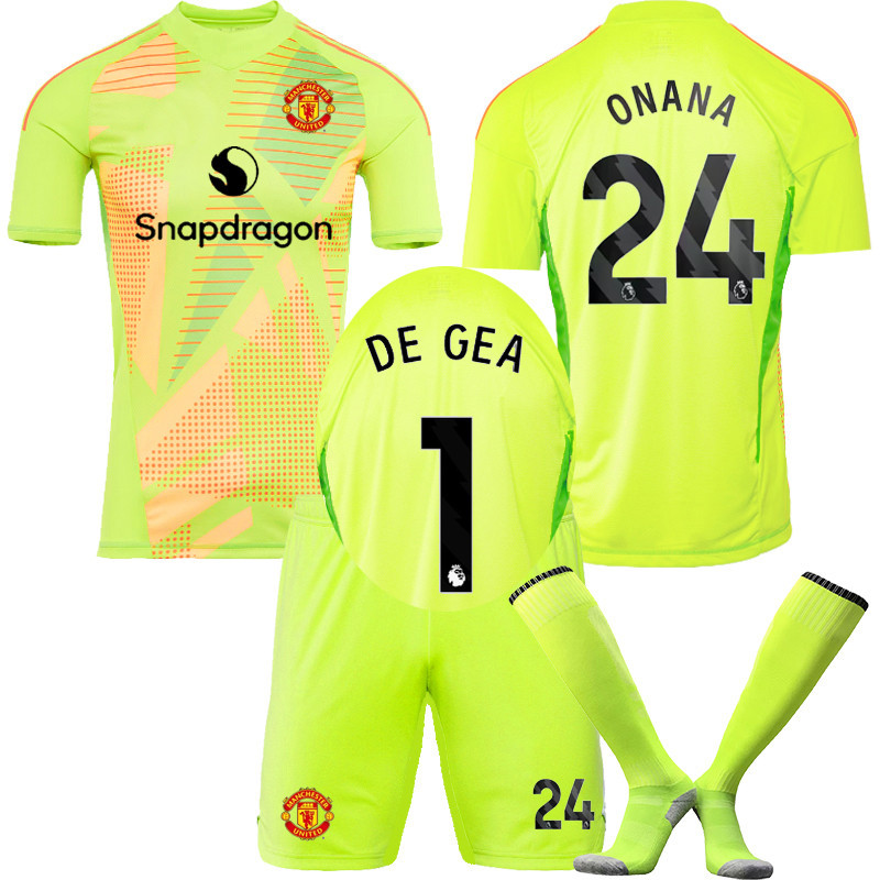 2425 ผู้รักษาประตูใส่เบอร์ 1 De Gea Onana No. 24 ชุดวอร์มแขนสั้นสีเขียวเรืองแสง