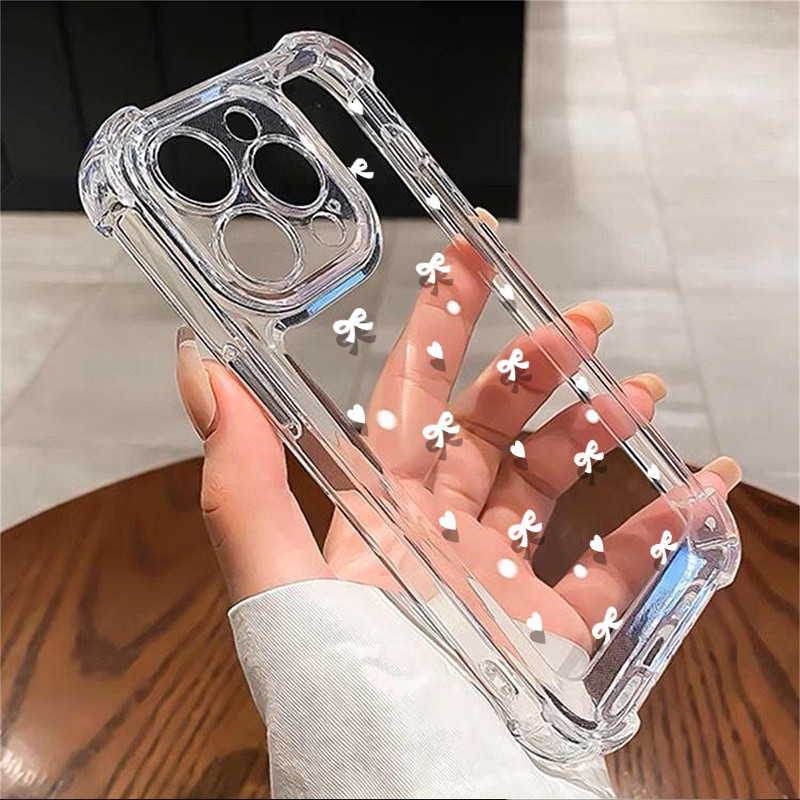 นุ่มน่ารักกันชนสําหรับ IPhone 15 16 14 11 Pro Max 13 12 8 7 6 6S Plus XS X XR สีขาว Bowknots ฝาครอบโทรศัพท์เซลล์กันกระแทกปลอกใส