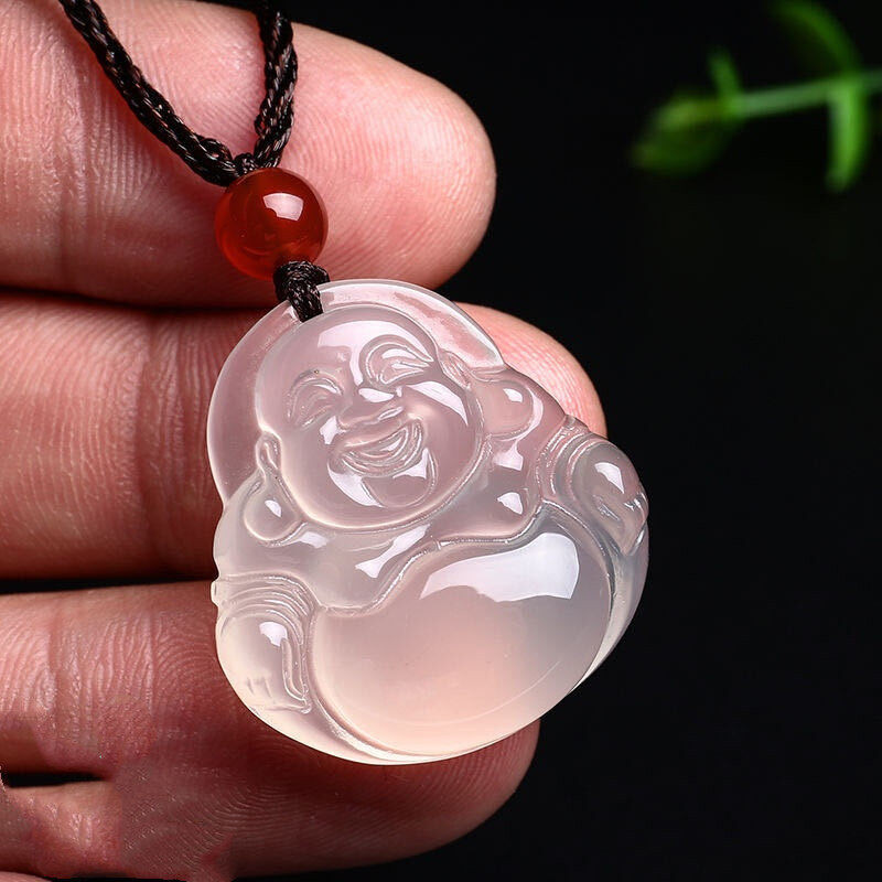 (ฟรีเชือก) Blessed Chalcedony Buddha จี้สร้อยคอผู้หญิงอาเกตสีแดงธรรมชาติ Maitrey หัวเราะ Buddhha Jadei สร้อยคอสําหรับชาย