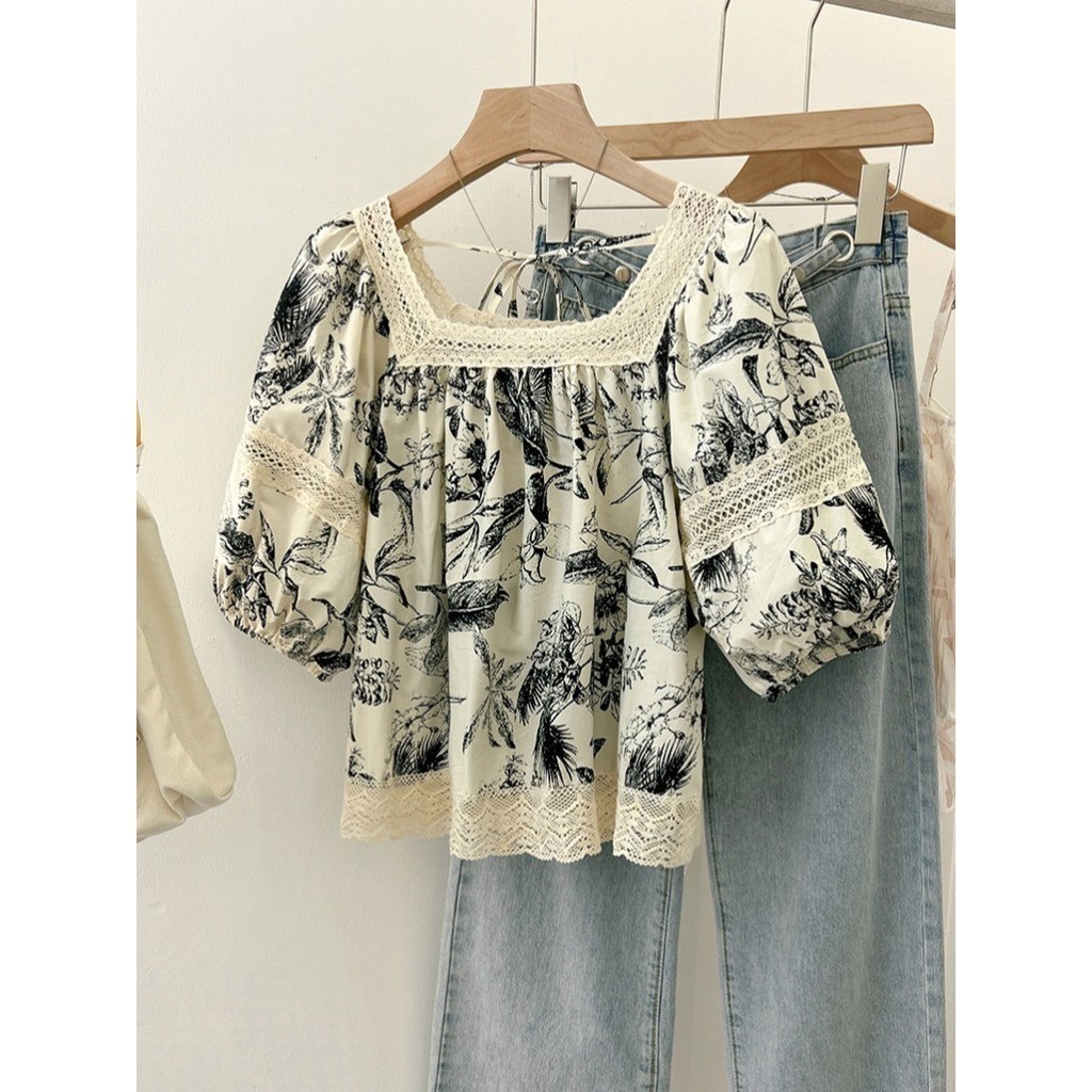 เอ่อ 76124 เสื้อคอปกสี่เหลี่ยมพิมพ์ลายลูกไม้