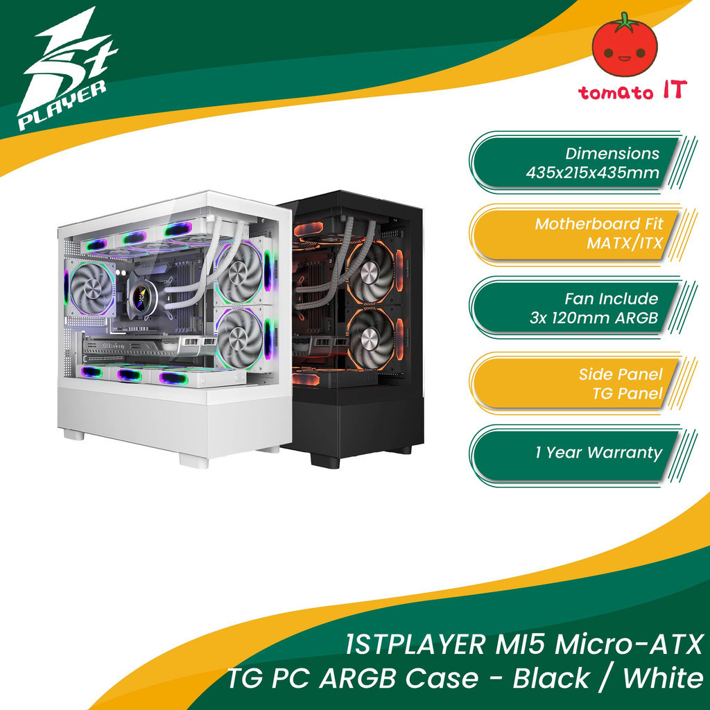 1STPLAYER MI5 MATX TG 3x 120 มม. ARGB Fans PC Case - สีดําสีขาว