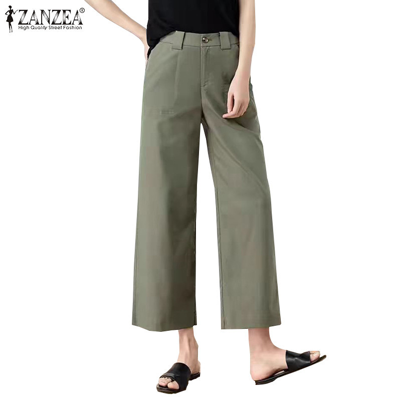 Zanzea กางเกงขายาวลําลองสไตล์เกาหลีสําหรับผู้หญิง Mid-Rise Simple Pants