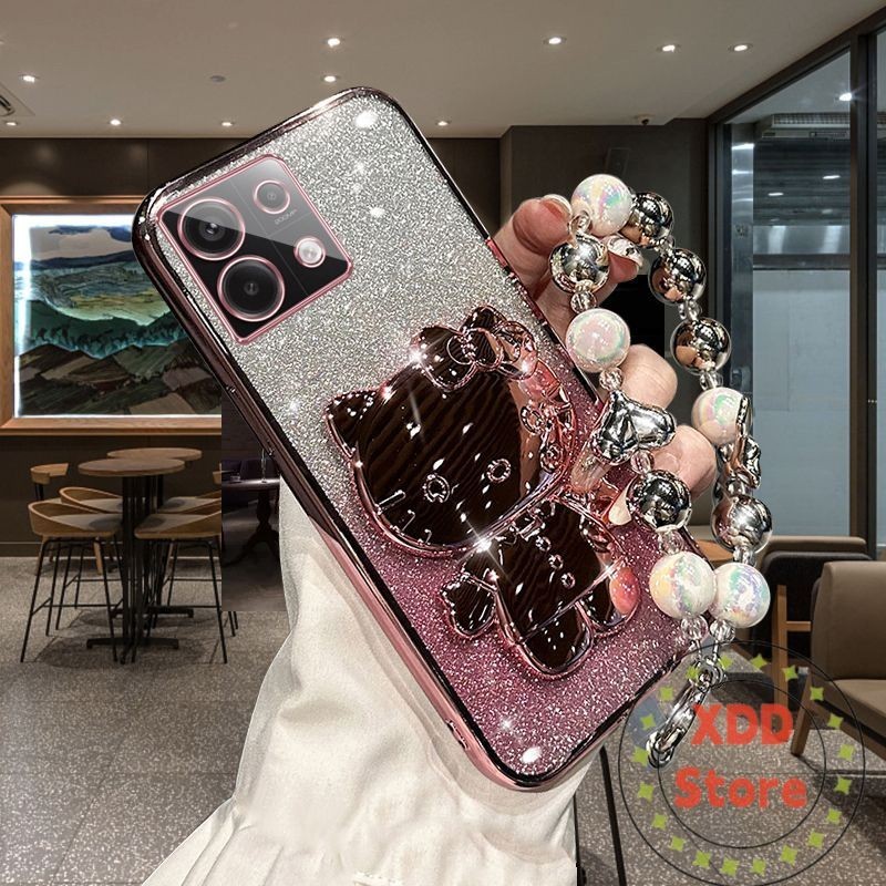 เคส Redmi Note 13 4G 5G NOTE 13 Pro 5G Note 13R Pro กระจกเครื่องสําอางเคสโทรศัพท์สําหรั Kitty วงเล็บโทรศัพท์มือถือ CaseTransparent Electroplate Glitter Shell พร้อมสร้อยข้อมือ