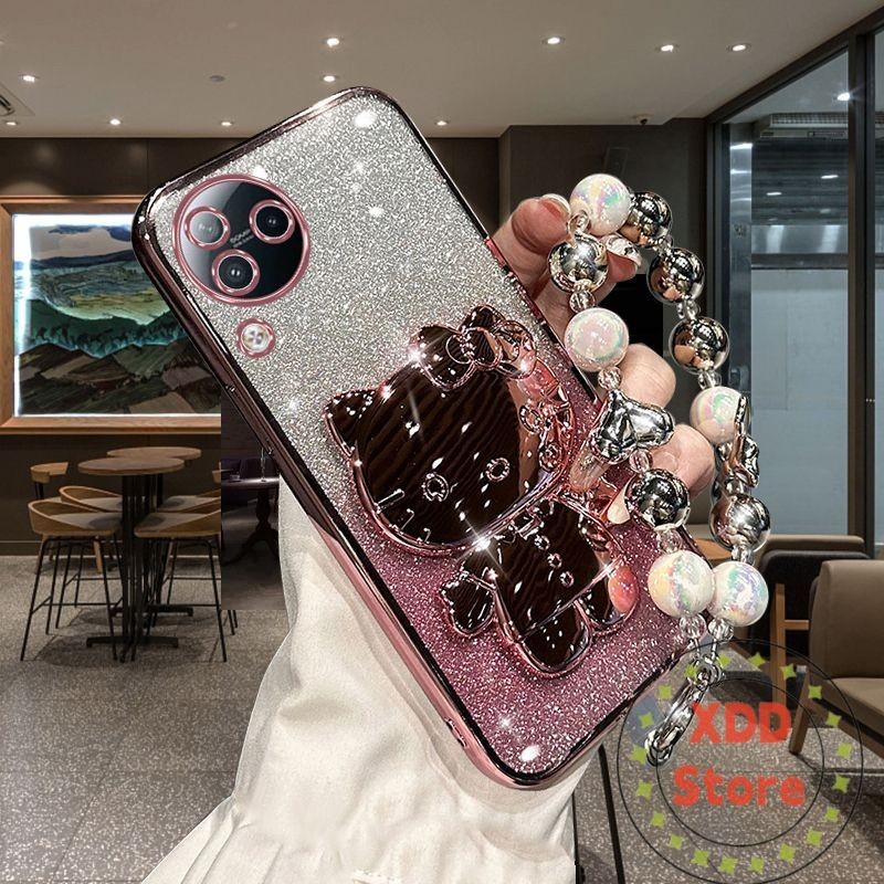 เคส Xiaomi Civi 3 Civi 4 Pro กระจกเครื่องสําอางเคสโทรศัพท์สําหรั Kitty Bracket โทรศัพท์มือถือ CaseTransparent Electroplate Glitter Shell พร้อมสร้อยข้อมือ