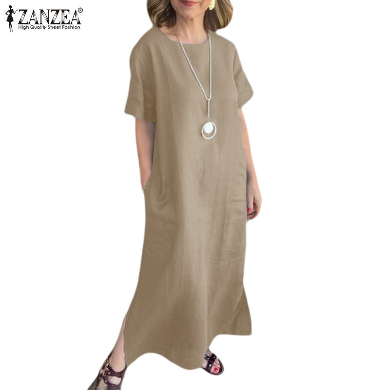 ZANZEA ใส่ ซานเซีย ผู้หญิงวินเทจสบายๆทุกวันกระเป๋าแขนสั้นแยกสีทึบชุด