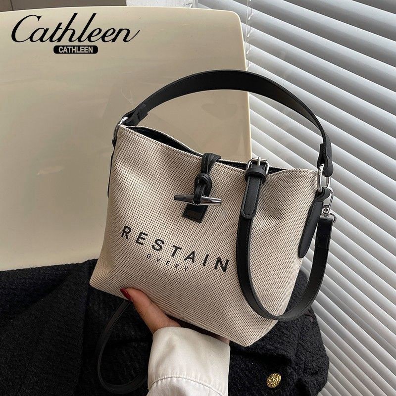 Kathleen Niche French Canvas Bucket Bag Female Bamboo Bag Large-Capacity One-Shoulder Messenger Portable Underarm Bag◆7.23