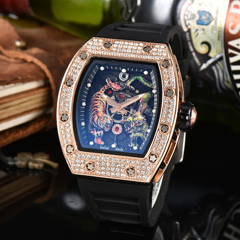 2024 Richard Dragon Tiger Watch นาฬิกาผู้ชายเพชรเรืองแสงควอตซ์สามมือ
