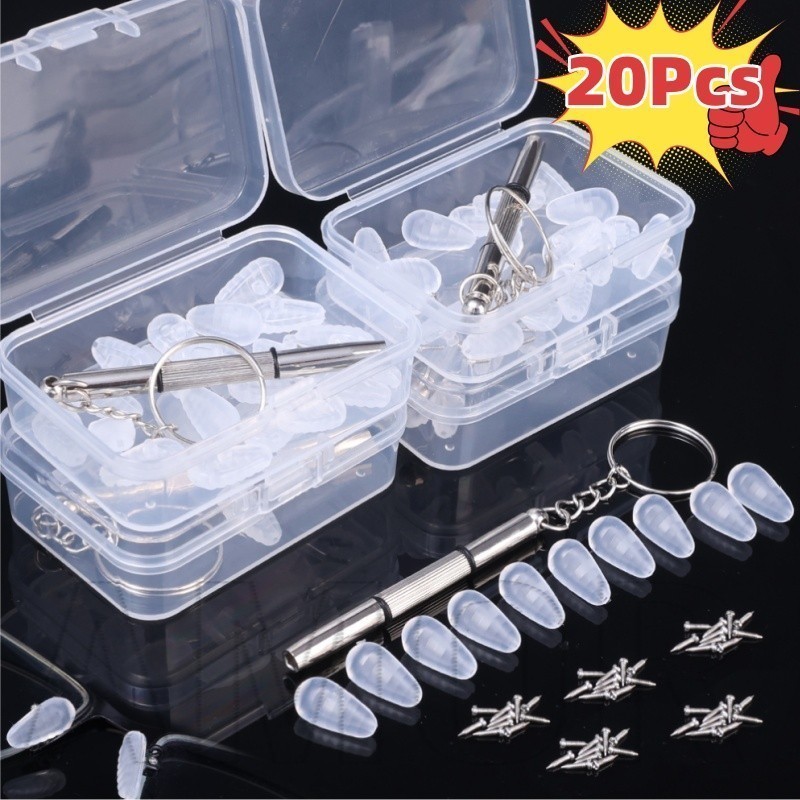 20 ชิ้น Air Chamber แผ่นรองจมูก - แบบพกพา กันลื่น ซิลิโคน - ชุดแผ่นรองจมูกสกรู - เครื่องมืออุปกรณ์เสริมแว่นตา - ชุดซ่อมแว่นตา - DIY แผ่นรองรับจมูกใสพร้อมไขควง