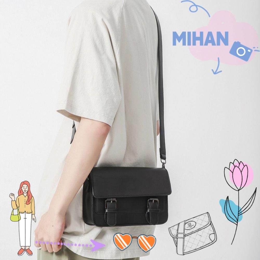 Mh กระเป๋าสะพาย สายปรับได้ PU หนังชาย Crossbody Bag, Retro สีดําโทรศัพท์กระเป๋า Square Mens Small Messenger Bag