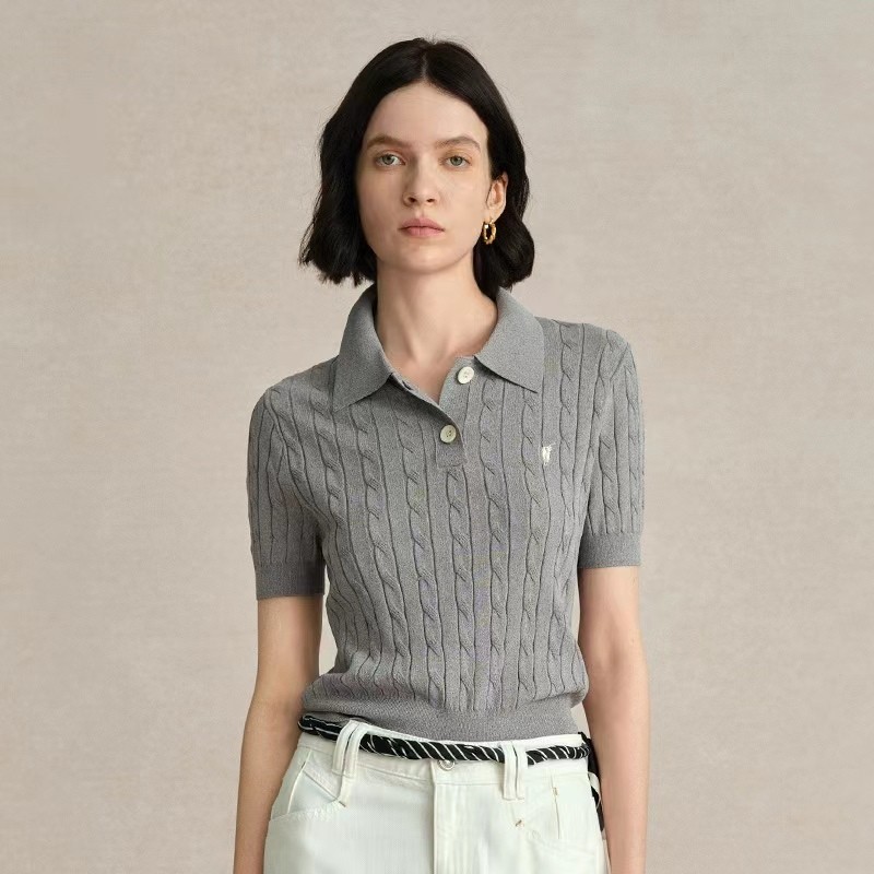 Xiao xiao polo Collar ปักเสื้อแขนสั้นผู้หญิงเกาหลีรุ่นฤดูใบไม้ผลิฤดูร้อนสไตล์ใหม่ Slim-Fit สีทึบ Twist เสื้อกันหนาว Che